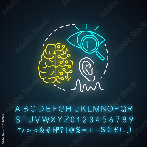 Vision intelligence and machine learning neon light concept icon. Smart computer system idea. Robotics knowledge. Thinking and analysing. Glowing sign with alphabet. Vector isolated illustration