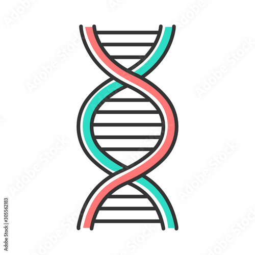 DNA helix color icon. Deoxyribonucleic, nucleic acid structure. Spiraling strands. Chromosome. Molecular biology. Genetic code. Genome. Genetics. Medicine. Isolated vector illustration