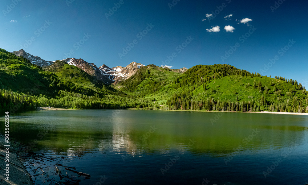 Calm lake with snowcapped mountains and forest in the background