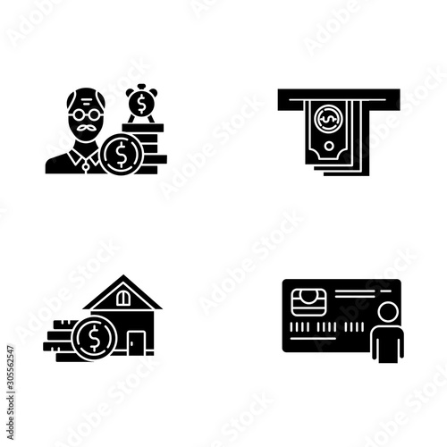 Credit glyph icons set. Borrowing from Retirement. Pension budget ivestment. Home equity loan. Cash withdrawal from ATM. Personal credit card. Silhouette symbols. Vector isolated illustration