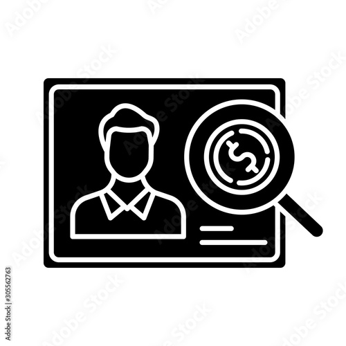 Verifying creditworthiness glyph icon. Examining personal credit history. Financial report. Economy business. Investment, budget graph. Silhouette symbol. Negative space. Vector isolated illustration
