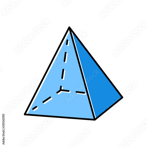 Pyramid color icon. Transparent geometric figure. Decorative simple element. Geometry dimensional cut model. Abstract shape. Isometric form with triangular sides. Isolated vector illustration