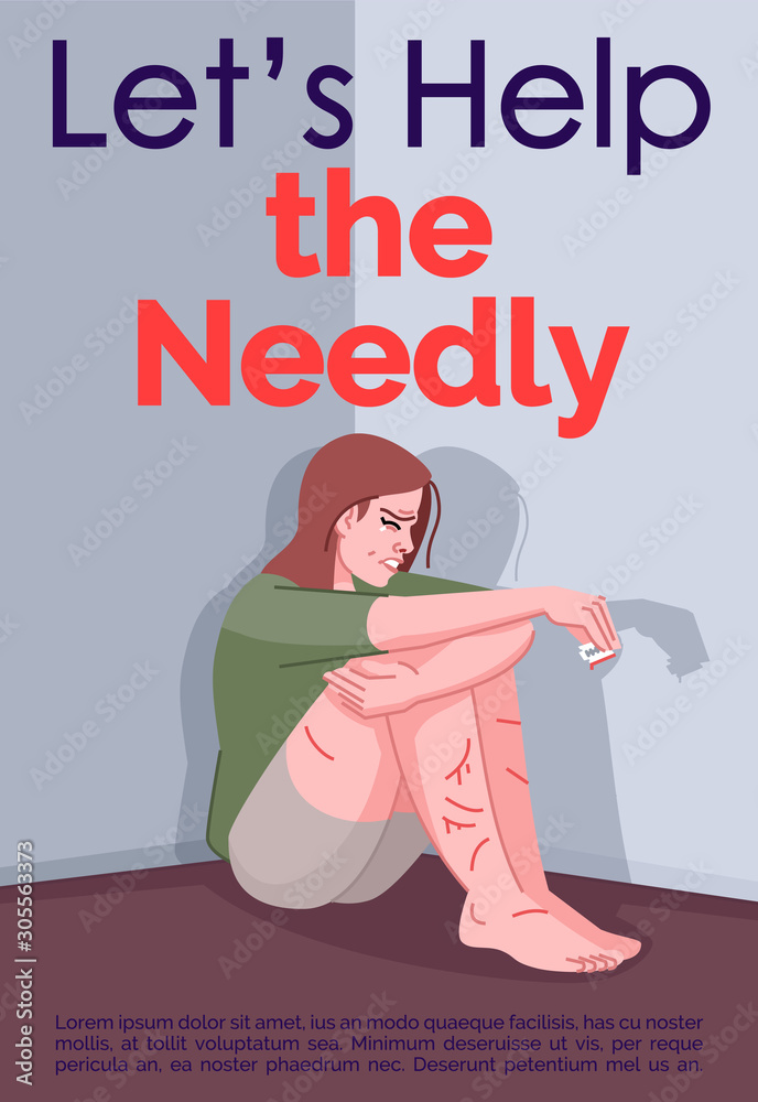Stop hurting yourself, self harm brochure template. Psychological help and therapy. Flyer, booklet, leaflet concept with flat illustrations. Vector page cartoon layout for magazine with text space