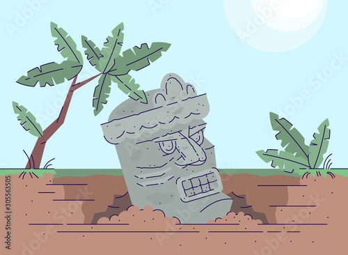 Monument of ancient lost civilization flat vector illustration. Archaeological site of stone head. Culture and works of art of ancient Mayans. Early world history and mythology cartoon backdrop