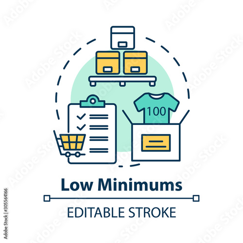 Low minimums concept icon. Risk management. E commerce. Shipping service. Logistics. Purchase and delivery of goods idea thin line illustration. Vector isolated outline drawing. Editable stroke