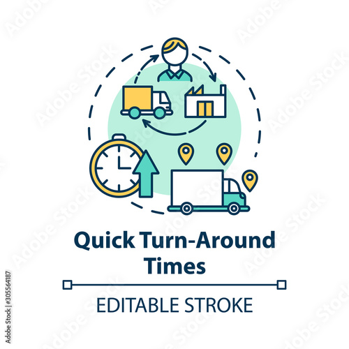 Quick turn around times concept icon. Delivery service. Freight transportation. Logistics. Transport of goods idea thin line illustration. Vector isolated outline drawing. Editable stroke