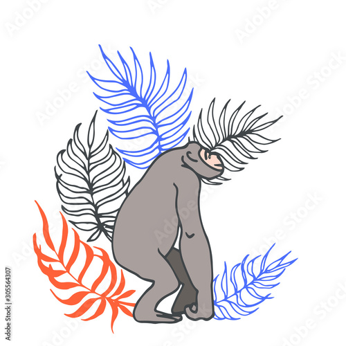 APE chimpanzee emerges from jungle and palm leaves Scandinavian vector illustration as pattern isolated on white background in hand drawn style
