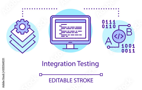 Integration testing concept icon. Examine units in groups idea thin line illustration. Software testing process. Indicating issues and problems. Vector isolated outline drawing. Editable stroke