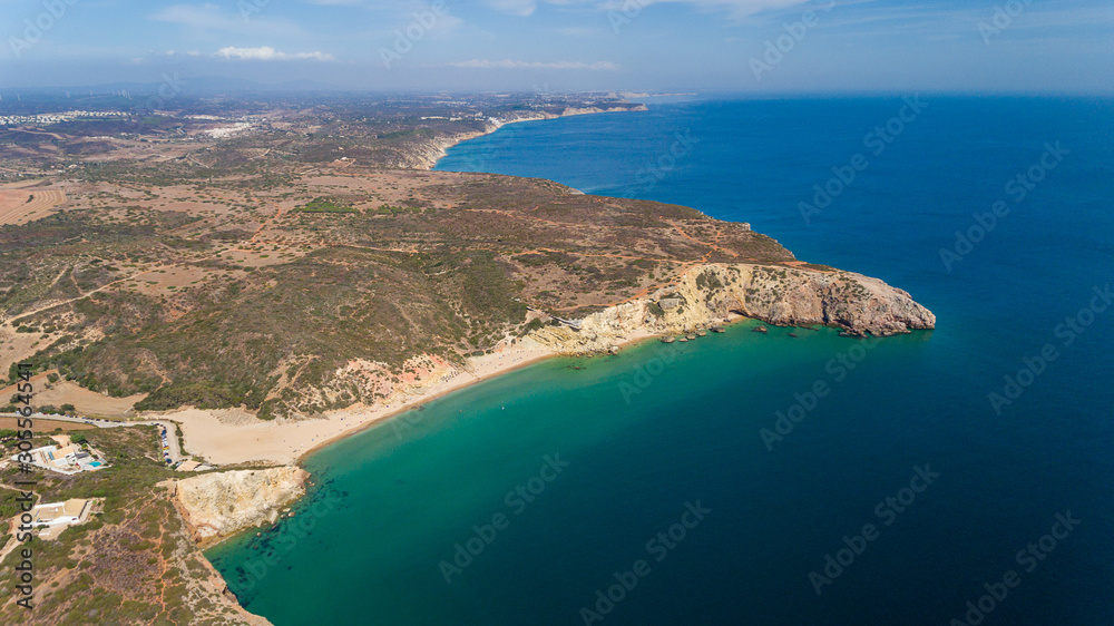 Aerial. View from the sky of the beach of Ingrina Villa to Bishpo. Portugal Algarve