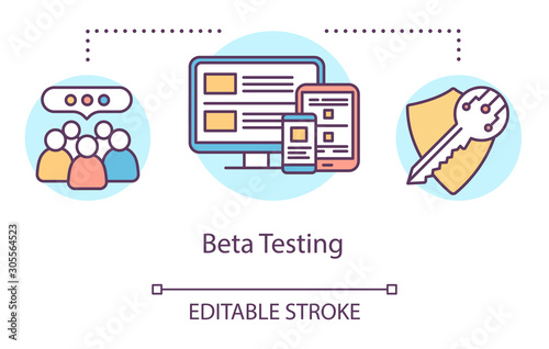 Beta testing concept icon. User verification idea thin line illustration. Software testing process. Indicating issues and problems. Vector isolated outline drawing. Editable stroke
