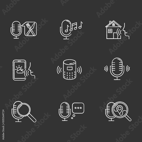 Voice control system chalk icons set. Sound requests idea. Different microphones. Music recognition, sound record. Virtual asisstance, standart voice commands. Isolated vector chalkboard illustrations