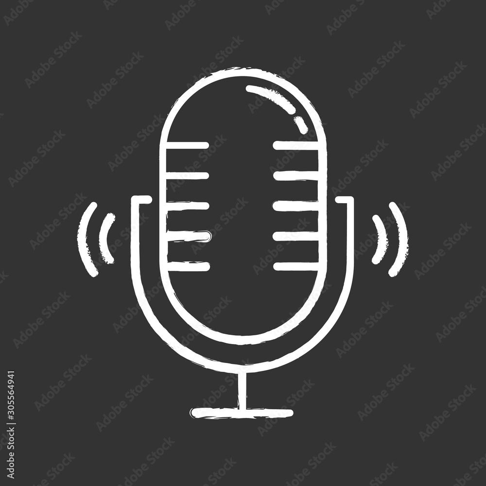 Loud microphone chalk icon. Stereo mic recording sound idea. Voice record process. Portable wireless speaker. Audio equipment. Modern studio technology. Isolated vector chalkboard illustration Loud microphone chalk icon. Stereo mic recording sound idea. Voice record process. Portable wireless speaker. Audio equipment. Modern studio technology. Isolated vector chalkboard illustration