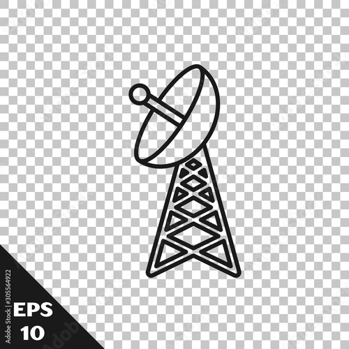 Black line Radar icon isolated on transparent background. Military search system. Vector Illustration