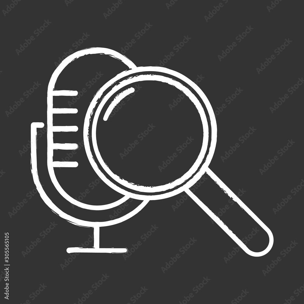 Voice search command chalk icon. Sound request idea. Microphone and magnifier. Sound recorder, music equipment. Multimedia tool, magnifying glass. Isolated vector chalkboard illustration Voice search command chalk icon. Sound request idea. Microphone and magnifier. Sound recorder, music equipment. Multimedia tool, magnifying glass. Isolated vector chalkboard illustration