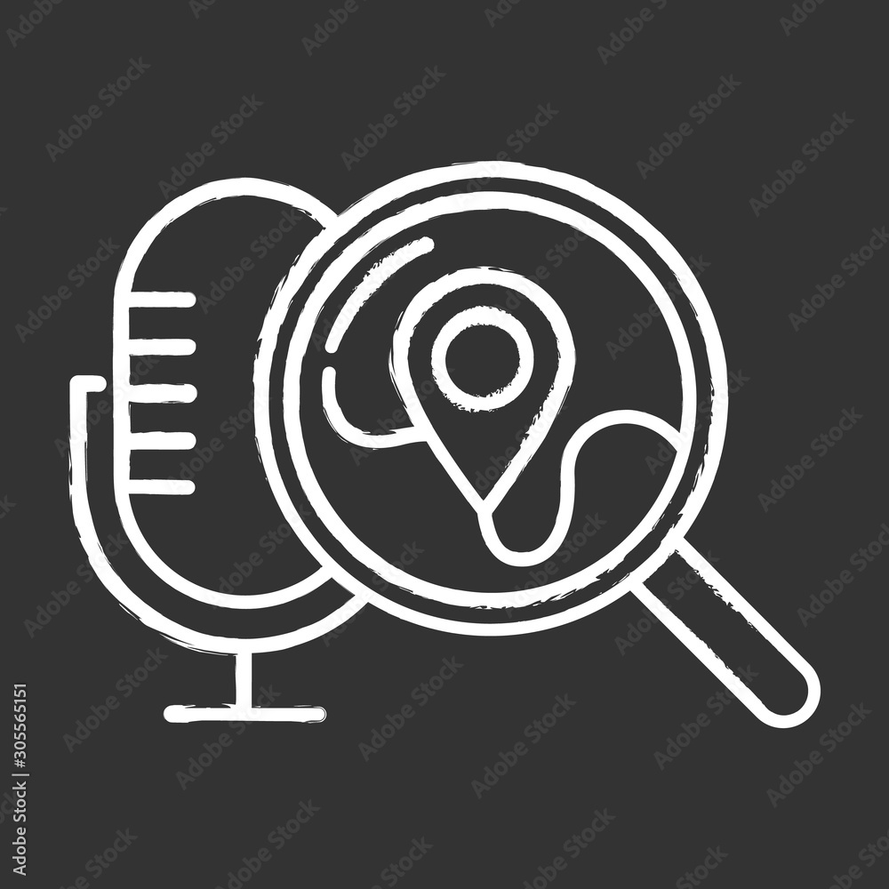 Geolocation voice request chalk icon. Location search idea. Sound control, microphone command, magnifying glass. Smart assistant, innovative technology. Isolated vector chalkboard illustration Geolocation voice request chalk icon. Location search idea. Sound control, microphone command, magnifying glass. Smart assistant, innovative technology. Isolated vector chalkboard illustration