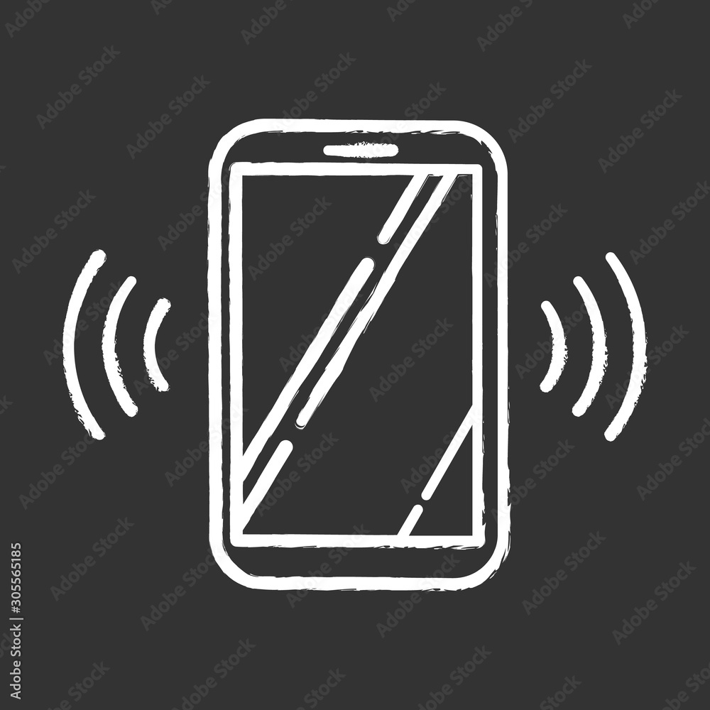 Ringing smartphone chalk icon. Mobile voice control idea. Sound command. Loud volume, audio frequency. Phone call, vibro signal. Modern digital device. Isolated vector chalkboard illustration Ringing smartphone chalk icon. Mobile voice control idea. Sound command. Loud volume, audio frequency. Phone call, vibro signal. Modern digital device. Isolated vector chalkboard illustration