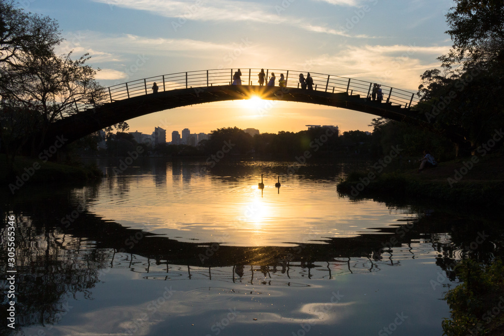 Ibirapuera Park. Awesome and colorful sunset by the lake. Beautiful sky reflections on the water. People gathered over the bridge to watch the golden hour miracle. Cute swans. Sao Paulo, Brazil