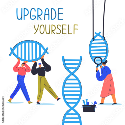 Biohacking vector illustration.Biological health engineering.Men and woman explore and modify the human DNA.Laboratory research human concept illustration.Woman with magnifier,men carry dna link