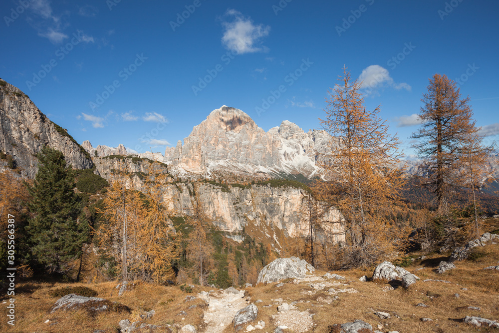 Wide view on the Tofana di Rozes mount in the Dolomites area at fall