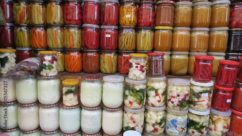 Delicious multi-colored jars with pickles