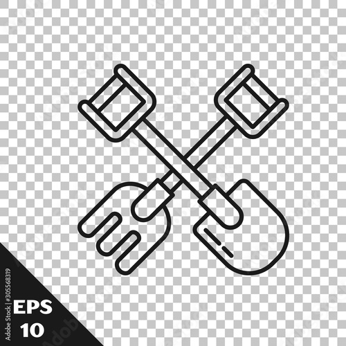 Black line Shovel and rake icon isolated on transparent background. Tool for horticulture, agriculture, gardening, farming. Ground cultivator. Vector Illustration
