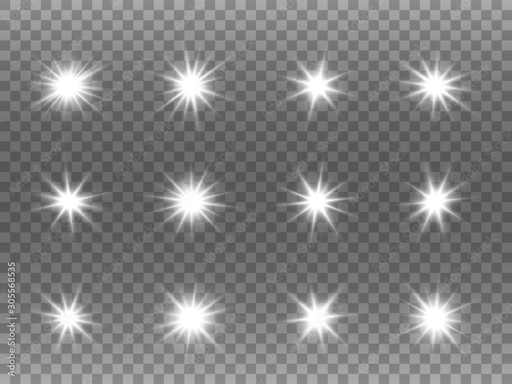 White glowing stars set. Light explosions on transparent backdrop. Christmas template with shining rays. White flash collection. Bright particles. Vector illustration White glowing stars set. Light explosions on transparent backdrop. Christmas template with shining rays. White flash collection. Bright particles. Vector illustration