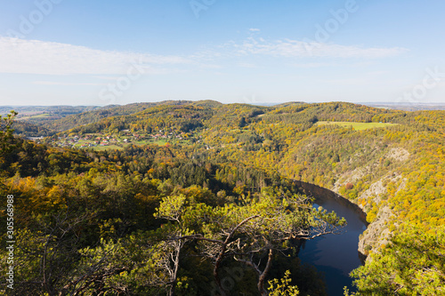 A beautiful meander of Vltava river from Vyhlidka Maj (Viewpoint May). Autumn landscape of central Bohemia near Vltava river.