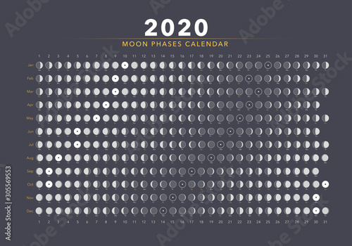 2020 moon phases calendar gray astronomy vector chart