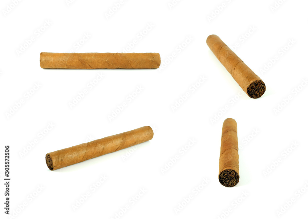 Cuban cigar made from rolled tobacco leaves, set isolated on white background Cuban cigar made from rolled tobacco leaves, set isolated on white background