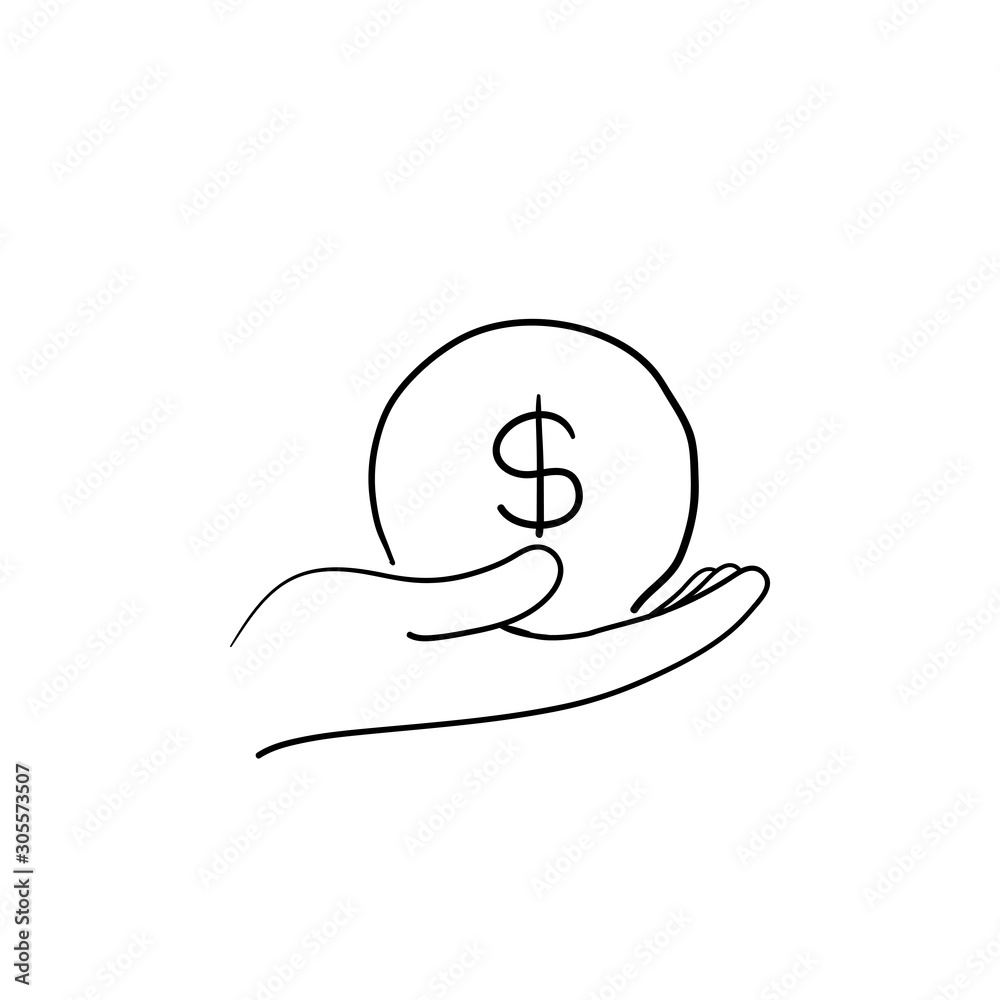 Simple hand with a coin line icon hand drawn doodle style cartoon icon isolated Simple hand with a coin line icon hand drawn doodle style cartoon icon isolated