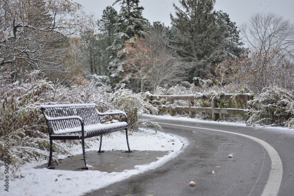 The first snow. Abandoned bench and a road The first snow. Abandoned bench and a road