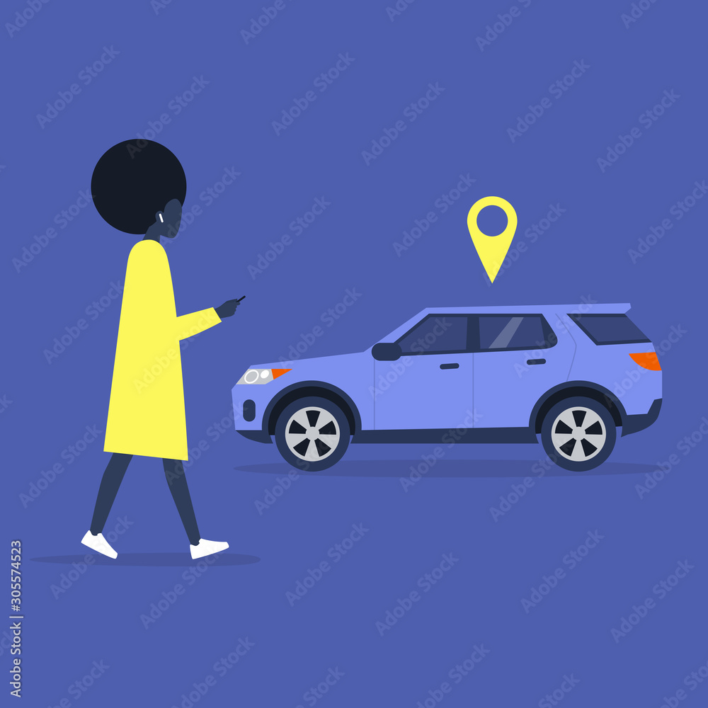 Young african female character using a car sharing mobile app service, millennial lifestyle