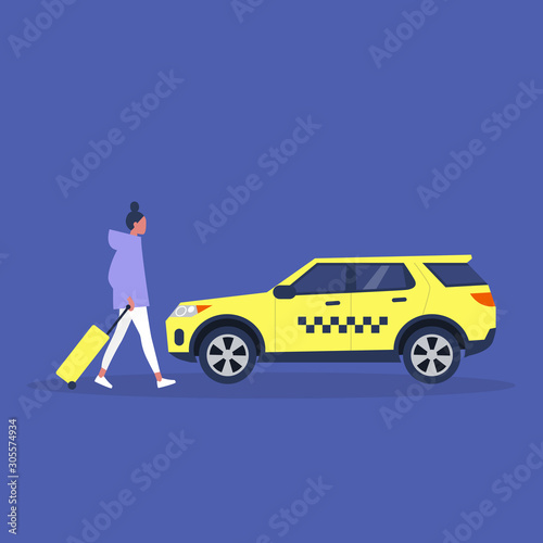 Young female tourist with a suitcase getting in a taxi, airport transfer,  millennial lifestyle