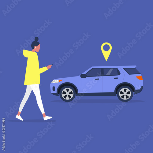 Young female character using a car sharing mobile app service, millennial lifestyle