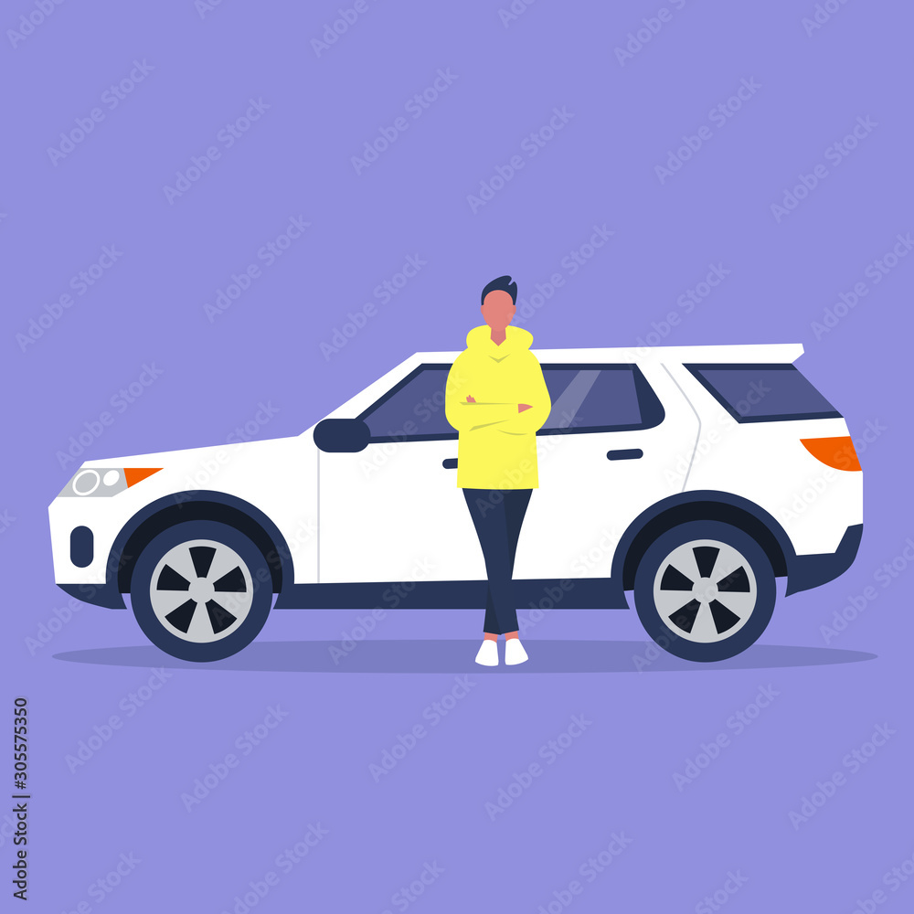 Young male character in full length leaning against a sport car, flat vector illustration