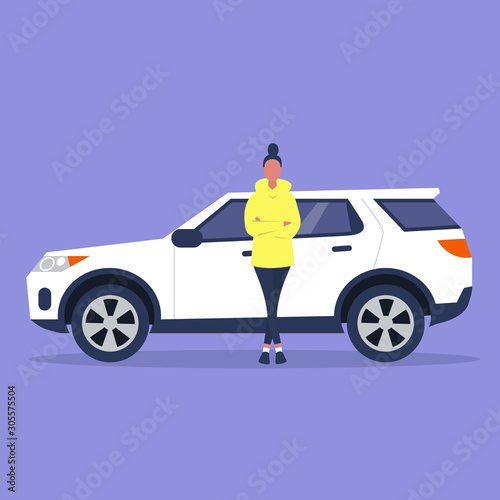 Young female character in full length leaning against a sport car, flat vector illustration
