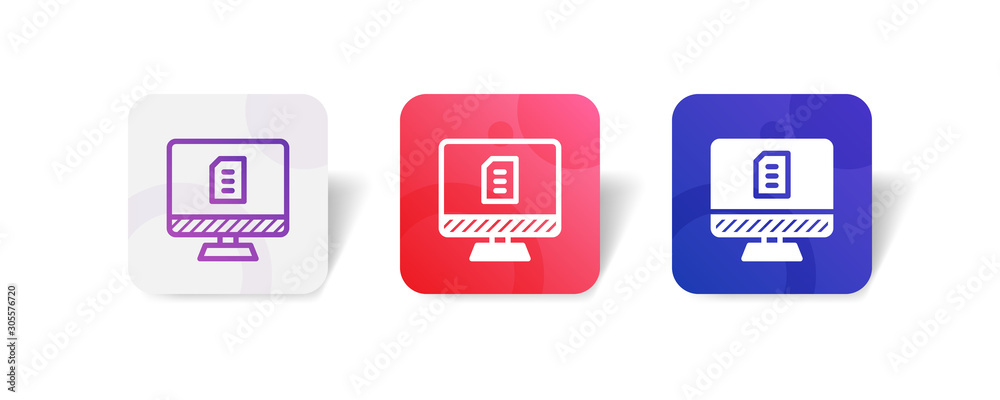 desktop monitor screen with document sign - outline and solid style icon with colorful smooth gradient background desktop monitor screen with document sign - outline and solid style icon with colorful smooth gradient background