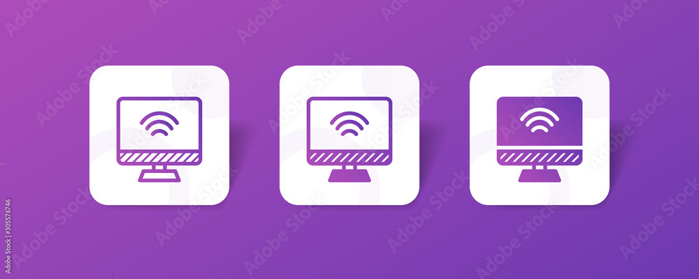 desktop monitor screen with wifi sign - outline and solid style icon with colorful smooth gradient background