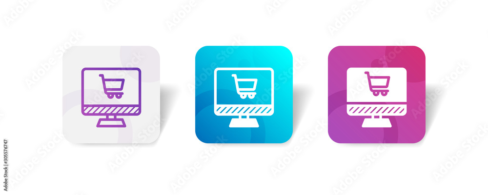desktop monitor screen with cart sign - outline and solid style icon with colorful smooth gradient background