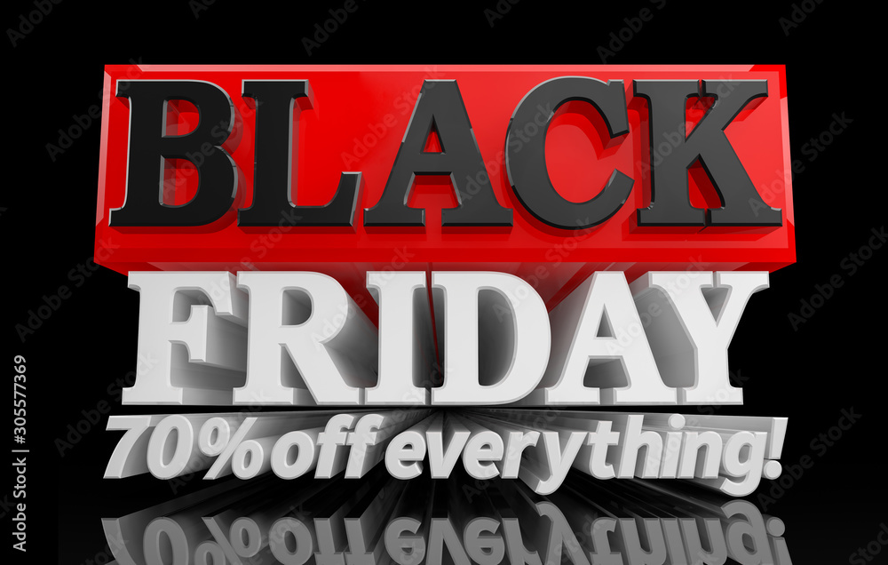 BLACK FRIDAY 70 % off everything word on black background illustration 3D rendering