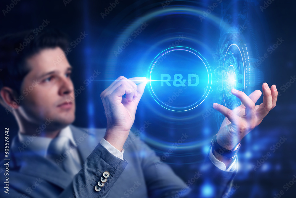 Business, Technology, Internet and network concept. Businessman touched r and d sign. - obrazy, fototapety, plakaty 