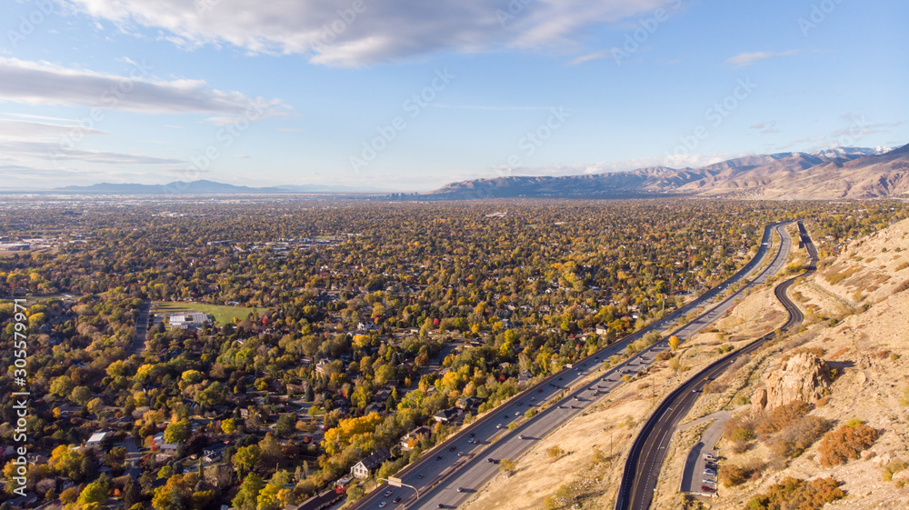 Salt Lake City Skyline, Downtown Aerial Drone. Neighborhood with mountains in the background
