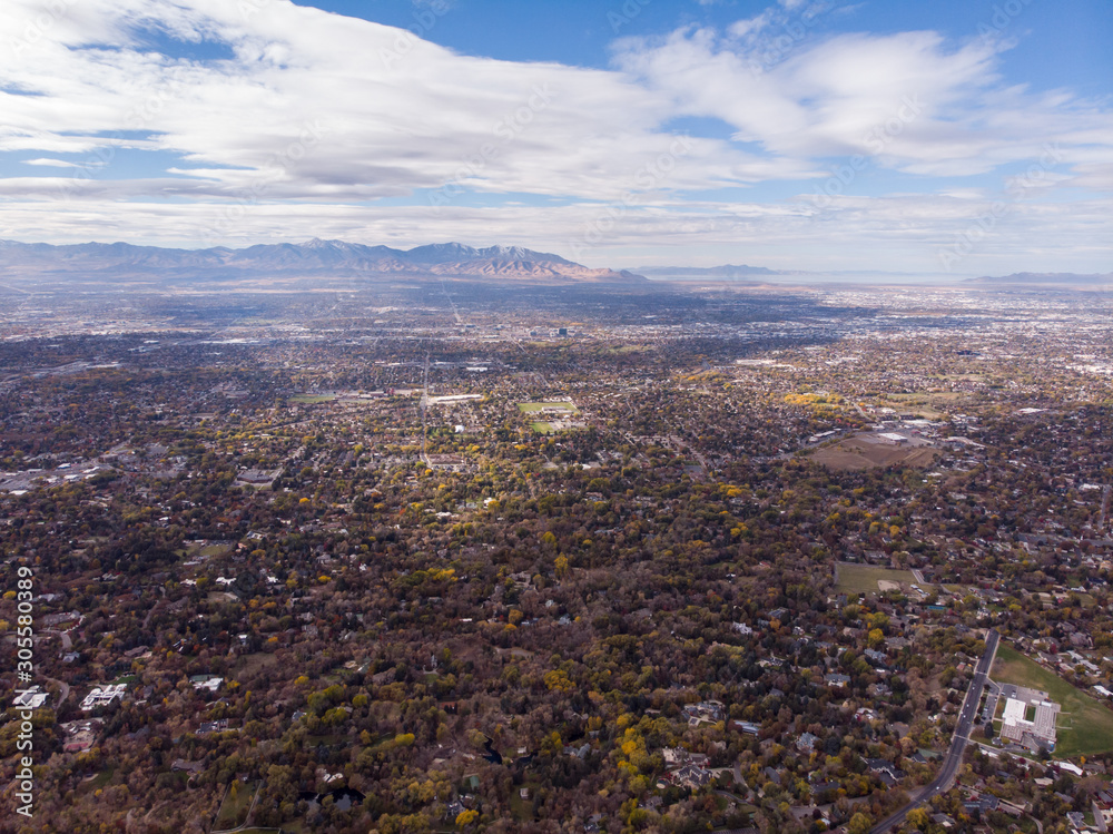 Salt Lake City Skyline, Downtown Aerial Drone. Neighborhood with mountains in the background