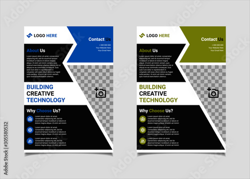 Business flyer template vector design, A4 brochure template blue and lime geometry shapes used for business poster layout, IT Company flyer, corporate banners, and leaflets