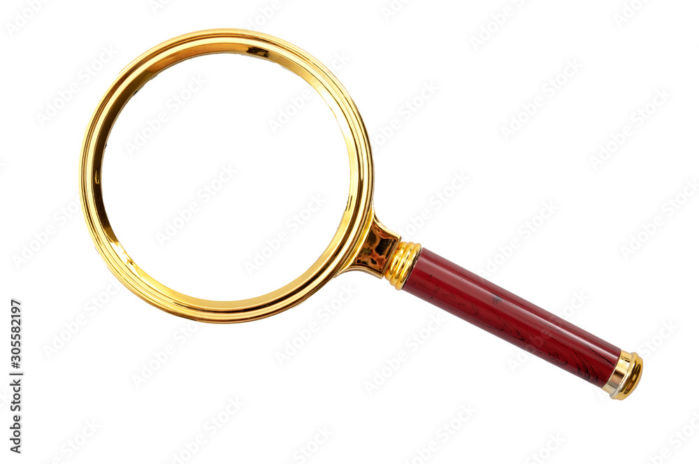 Optic magnifier and examine small details conceptual idea with brass magnifying glass with wooden handle isolated on white background with clipping path cutout Optic magnifier and examine small details conceptual idea with brass magnifying glass with wooden handle isolated on white background with clipping path cutout