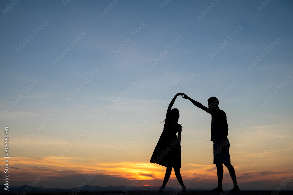 Couple in love silhouette during sunset,Harmony in relationship concept,romantic.