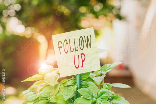 Text sign showing Follow Up. Business photo text Additional info or any activity that needs to check secondly Plain empty paper attached to a stick and placed in the green leafy plants photo