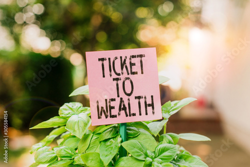 Text sign showing Ticket To Wealth. Business photo showcasing Wheel of fortune Passage to Successful and brighter future Plain empty paper attached to a stick and placed in the green leafy plants © Artur