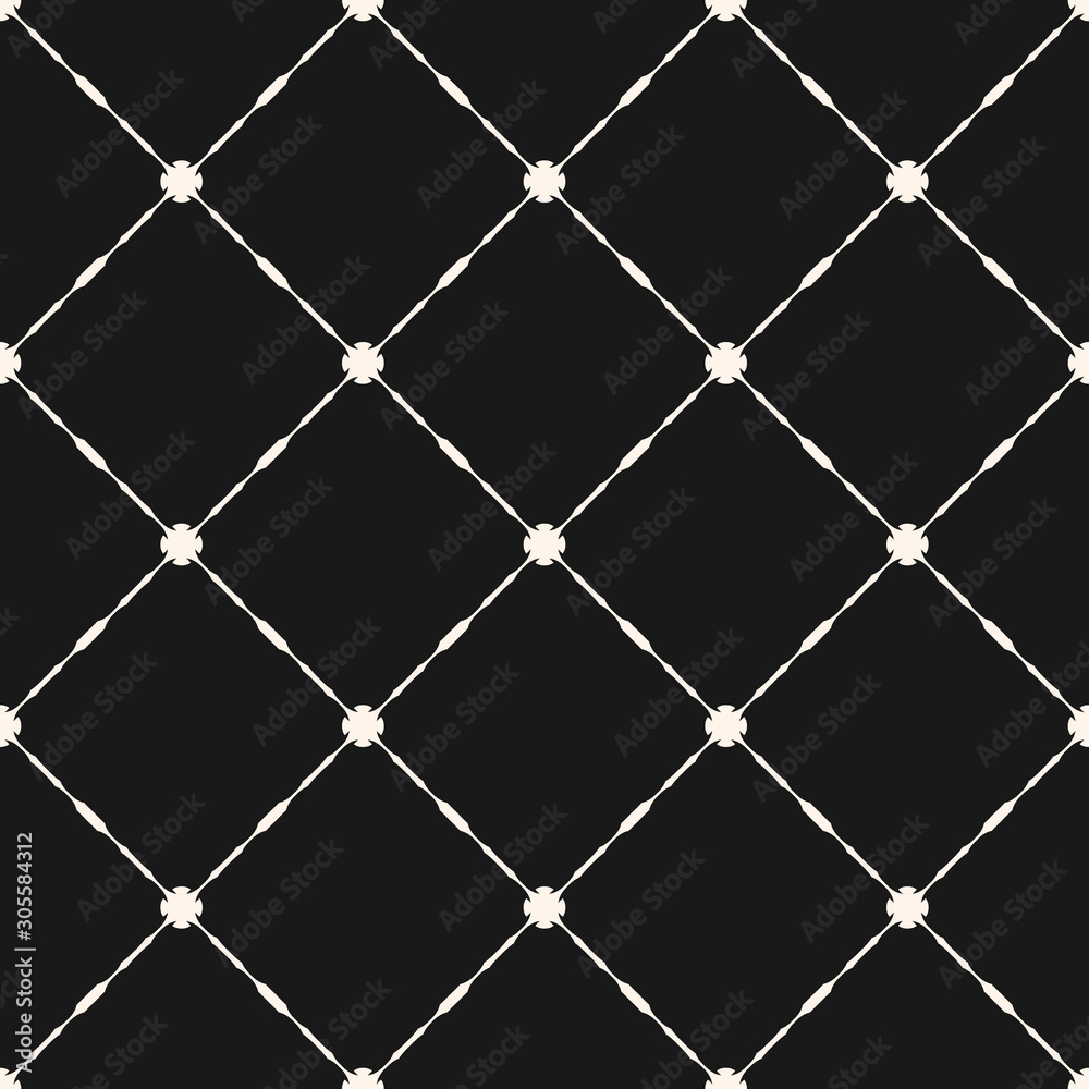 Fototapeta premium Vector grid seamless pattern. Abstract geometric texture with thin square lattice, carved shapes, diagonal lines. Elegant monochrome vintage background, repeat tiles. Dark design for decor, covers