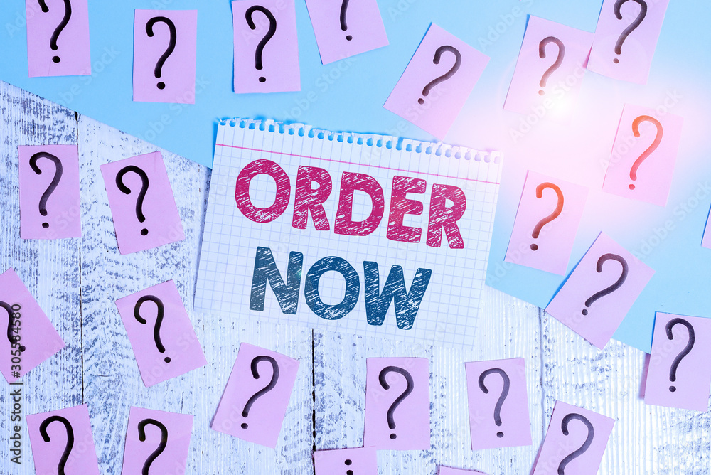 Text sign showing Order Now. Business photo showcasing confirmed request by one party to another for buying selling Scribbled and crumbling papers with thick cardboard above wooden table Text sign showing Order Now. Business photo showcasing confirmed request by one party to another for buying selling Scribbled and crumbling papers with thick cardboard above wooden table
